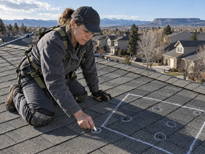A roofer chalking a test square on a roof the day after a hail storm.